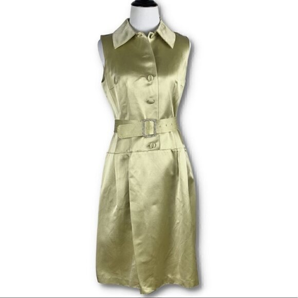 Ricki Freeman Teri Jon dress size 4 100% silk chartreuse square rhinestone belt - Picture 1 of 11